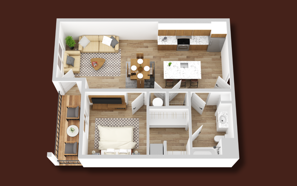 DESIGN B - 1 bedroom floorplan layout with 1 bathroom and 678 - 685 square feet