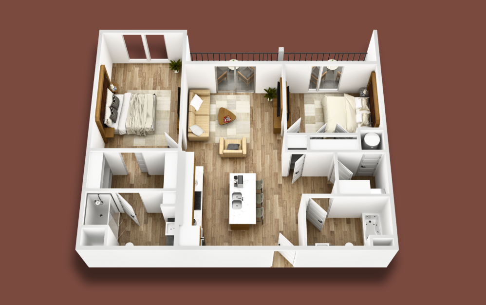 DESIGN D1 - 2 bedroom floorplan layout with 2 bathrooms and 984 - 987 square feet