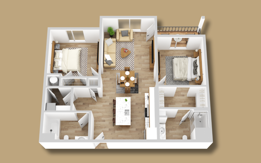 DESIGN C - 2 bedroom floorplan layout with 2 bathrooms and 1016 - 1021 square feet