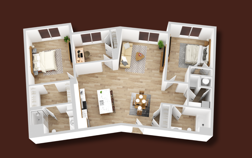 DESIGN E - 2 bedroom floorplan layout with 2 bathrooms and 1419 square feet