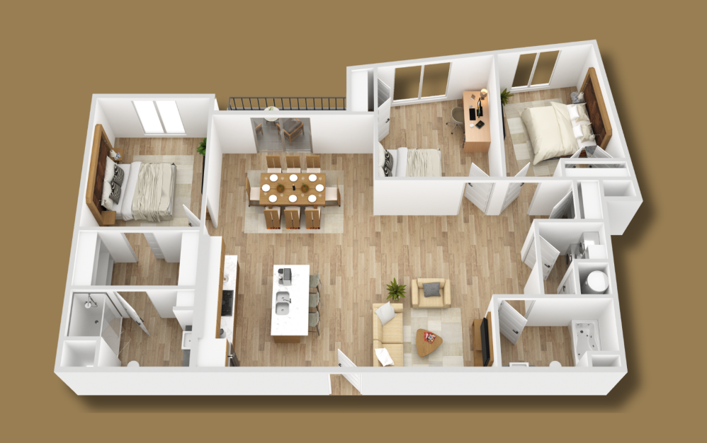 DESIGN F - 2 bedroom floorplan layout with 2 bathrooms and 1421 square feet