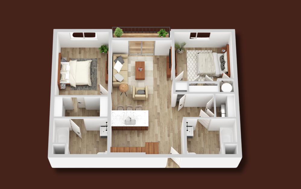 DESIGN D - 2 bedroom floorplan layout with 2 bathrooms and 974 - 1011 square feet